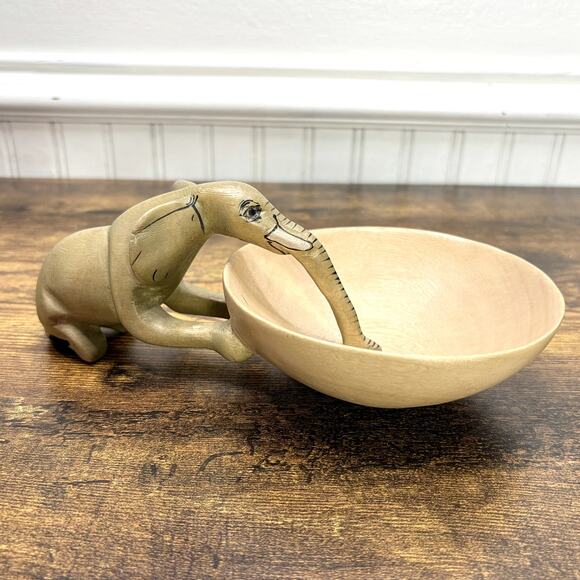 Hand Carved Elephant Drinking Trinket Dish Bowl Jacaranda Wood Sculpture Decor - Picture 1 of 11